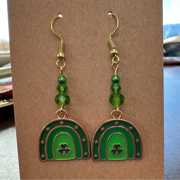Hand Crafted Jewelry - Green Rainbow Earrings with Shamrock Charm-perfect for St Patty’s Day!